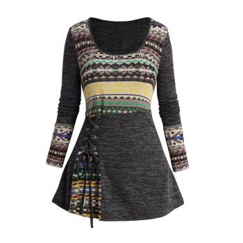 

Tribal Pattern Panel Lace Up Knit Top Heathered Long Sleeve Ethnic Knitted Top, Dark gray