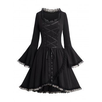 

Gothic Lace Up Lace-trim Flare Sleeves Solid Crossover Asymmetric Dress, Black