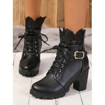 

Zip Up Buckle Strap Round Toe Block Heel Platform Martin Boots, Black