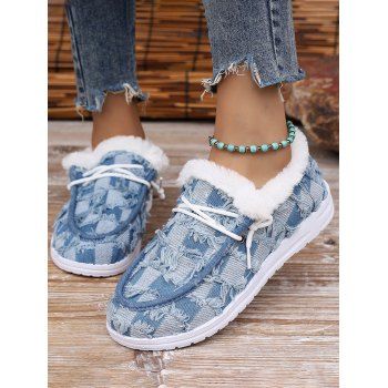 

Checkered Lace-Up Faux Fur Canvas Shoes, Light blue