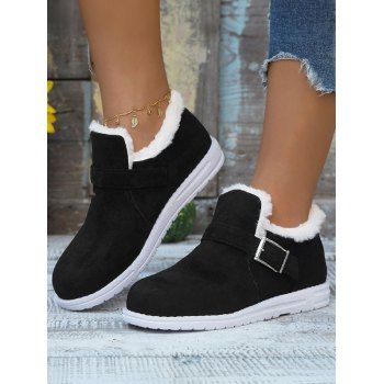 

Buckle Strap Ankle Boots Warm Round Toe Fluffy Lined Flat Shoes, Black