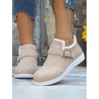 

Buckle Strap Ankle Boots Warm Round Toe Fluffy Lined Flat Shoes, Apricot