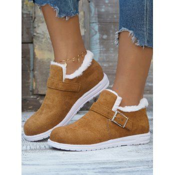 

Buckle Strap Ankle Boots Warm Round Toe Fluffy Lined Flat Shoes, Coffee