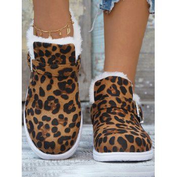 

Buckle Strap Ankle Boots Warm Round Toe Fluffy Lined Flat Shoes, Multicolor a
