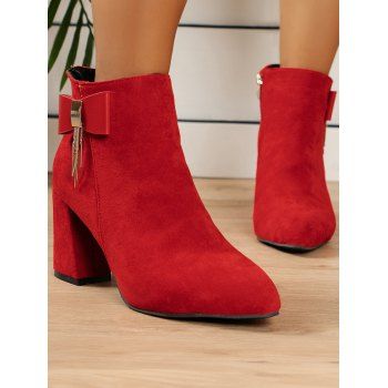 

Chunky Heel Suede Bowknot Metal Zipper Up Pointed Toe Plain Color Boots, Red