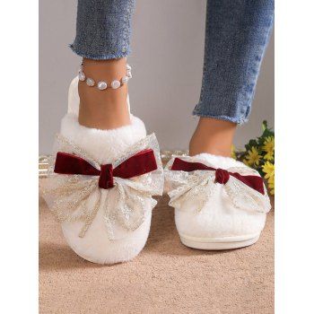 

Mesh Bowknot Fluffy Warm Home Slippers, White