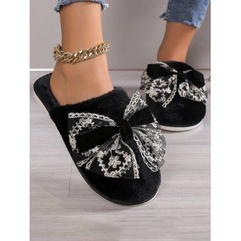 

Mesh Bowknot Fluffy Warm Home Slippers, Black