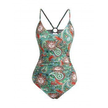 

Sun Floral Paisley Print Ruched Waisted O Ring Back One-piece Swimsuit, Green