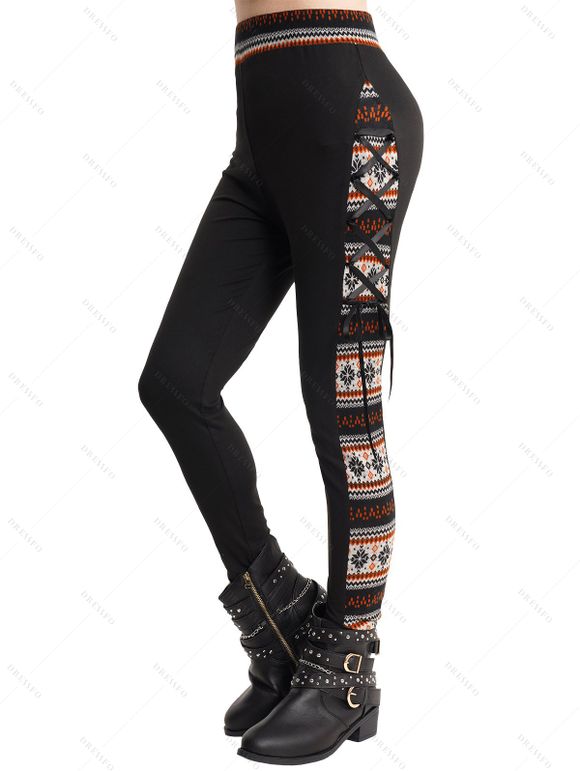 Pantalon Motif Tribal Jointif en Blocs de Couleurs à Lacets - Noir XXL | US 14