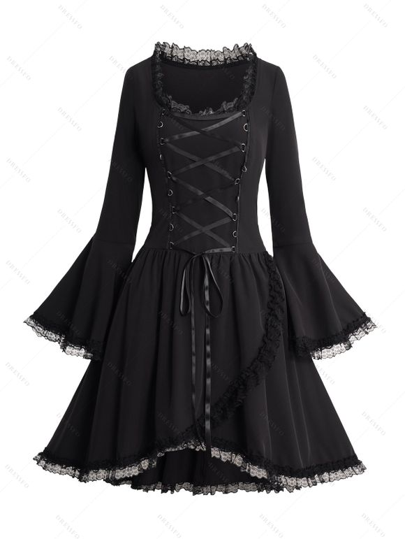 Robe Asymétrique Gothique en Couleur Unie Manches Evasées à Lacets - Noir XXL | US 14