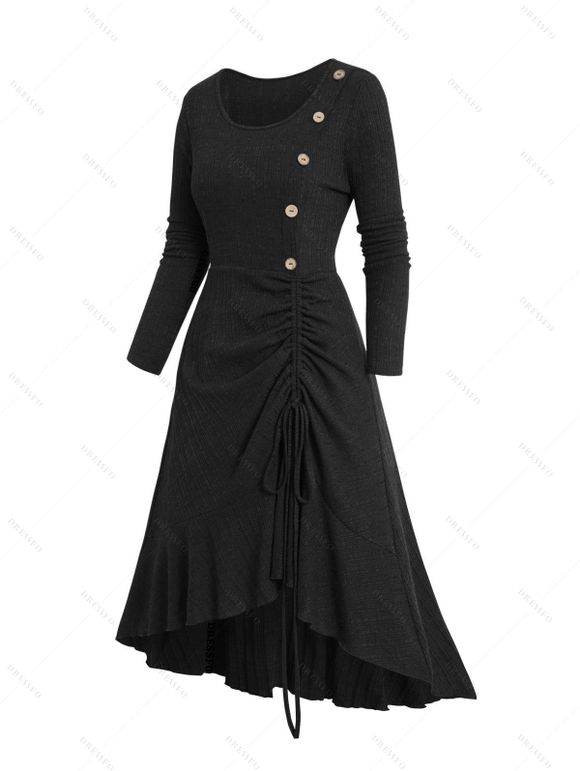 Robe Mi-Longue Tricotée Haute Basse Boutonnée en Couleur Unie à Manches Longues à Volants - Noir S | US 4