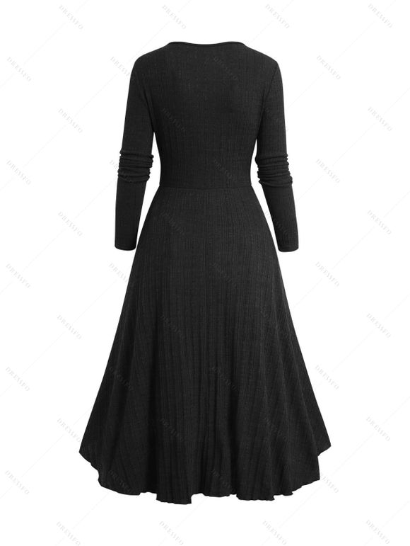 Robe Mi-Longue Tricotée Haute Basse Boutonnée en Couleur Unie à Manches Longues à Volants - Noir S | US 4