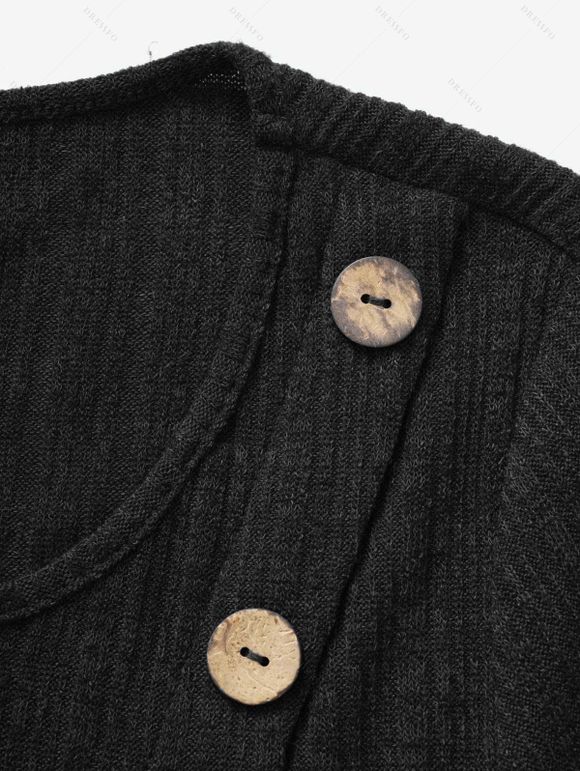 Robe Mi-Longue Tricotée Haute Basse Boutonnée en Couleur Unie à Manches Longues à Volants - Noir S | US 4