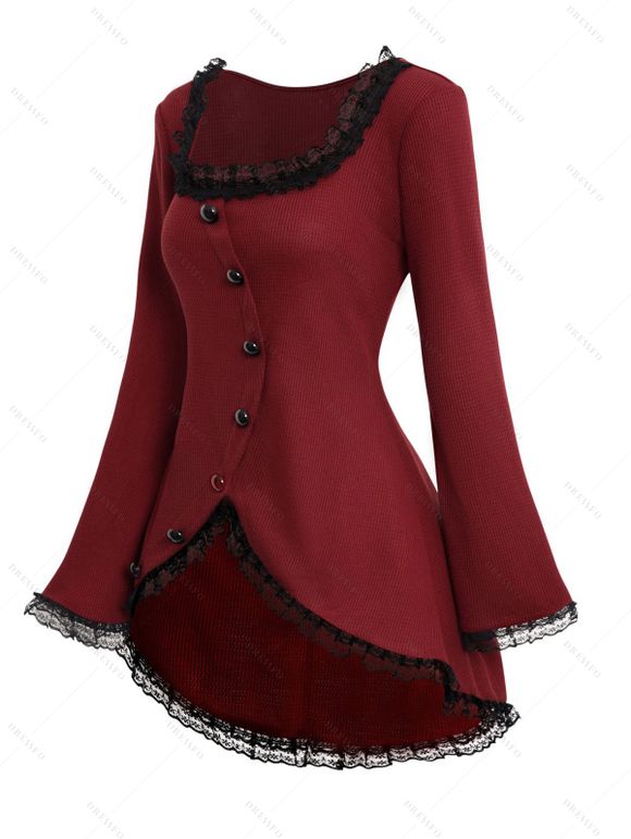 Haut en Tricot Texturé Boutonné Panneau en Dentelle à Manches Longues - Rouge foncé XXL | US 14
