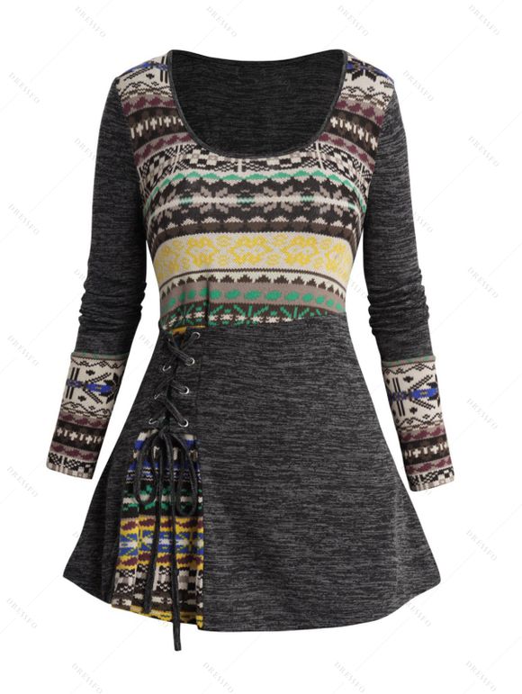 Haut Court Ethnique Tricoté Panneau Motif Tribal à Manches Longues à Lacets - Gris Foncé XXL | US 14