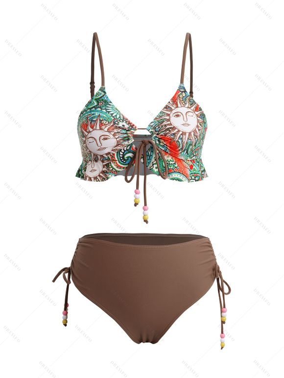 Maillot de Bain Rembourré Sanglée Fleurie Imprimée à Volants - café XL | US 12