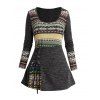 Haut Court Ethnique Tricoté Panneau Motif Tribal à Manches Longues à Lacets - Gris Foncé XXL | US 14