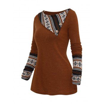 

Tribal Geometric Print Knit Top Mock Button Ribbed Textured Ethnic Knitted Top, Coffee