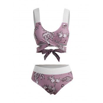 

Lace Padded Midi Waisted Vacation Tankini Set With Shoulder Straps, Light pink