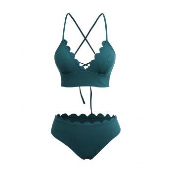 

Scallop Edge Hipster And Lace Back Crisscross Solid Bralette Bikini Set, Green