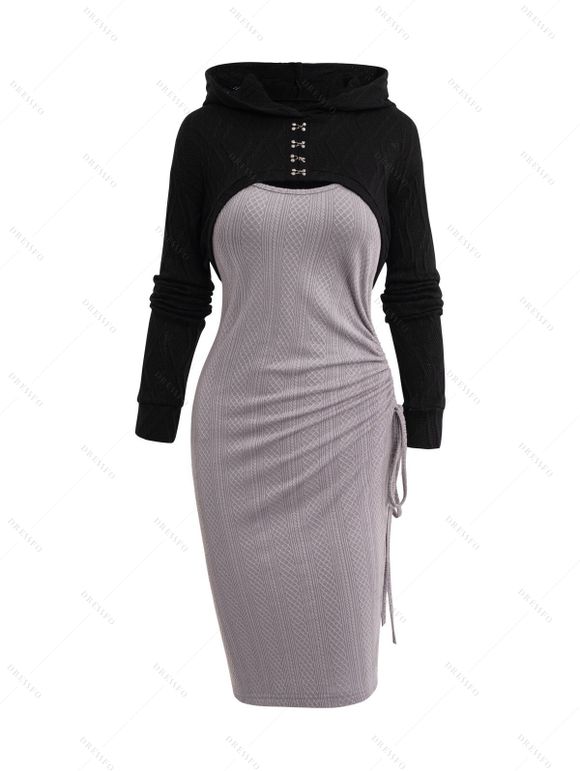 Ensemble de Pull à Capuche Texturé et de Mini Robe à Bretelle Fine en Tricot - Gris Clair XXL | US 14