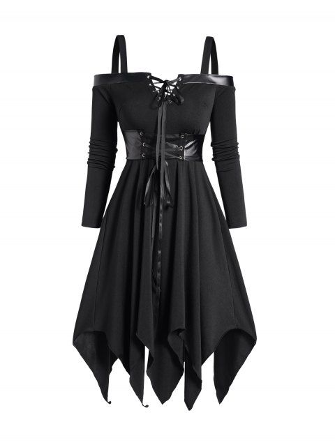 Gothic Cold Shoulder Asymmetric Midi Dress Belted Lace Up Long Sleeve Handkerchief Dress