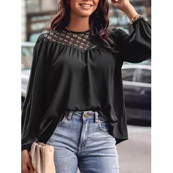 

Crochet Lace Panel Back Button Lantern Sleeve T Shirt Loose Chiffon Solid Blouse, Black