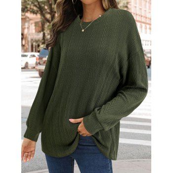 

Drop Shoulder Cable Knit Top Solid Crew Neck Pullover Sweater, Deep green