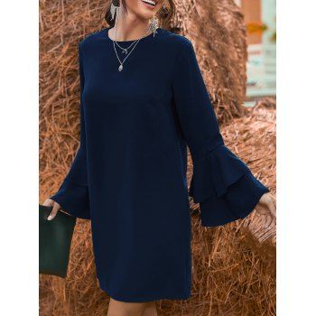 

Layered Bell Sleeve Solid Mini Dress Elegant Crew Neck Flared Sleeve Dress, Midnight blue