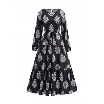 

Tribal Flower Allover Print Crew Neck Long Sleeve Dress, Black