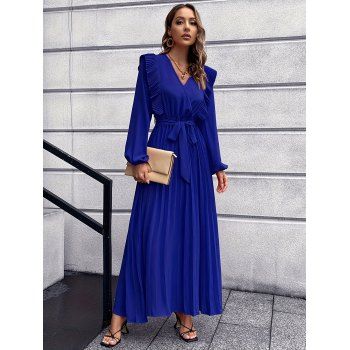 

Solid V Neck Pleated Dress Crossover Belted Lantern Sleeve Dress, Blue