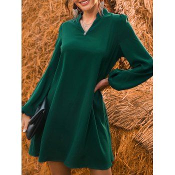 

Lantern Sleeve V Neck Loose-Fitting Plain Color A Line Dress, Deep green