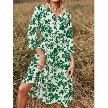 

Turn Down Collar Floral Print Three Quarter Sleeve Midi Dress, Green