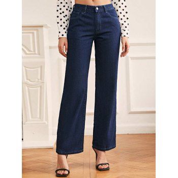

Dark Wash Pipe Jeans Pocket Zip Fly Middle Waist Casual Denim Pants, Deep blue