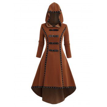 

Grommet Gothic Hooded Top High Low Hem Buckle Solid Color Dress, Coffee