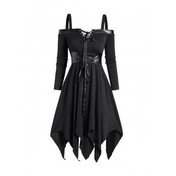 

Gothic Cold Shoulder Asymmetric Midi Dress Belted Lace Up Long Sleeve Handkerchief Dress, Black