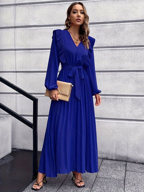 Solid V Neck Pleated Dress Crossover Belted Lantern Sleeve Dress - BLUE XXL | US 14