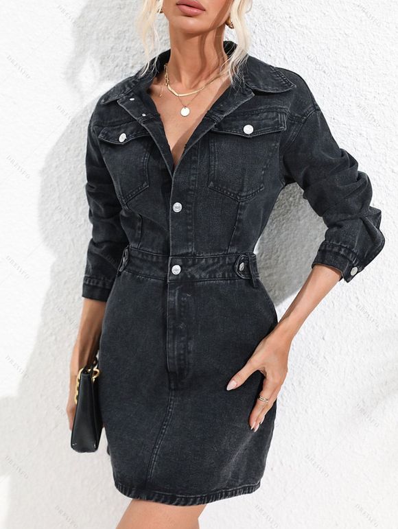 Mini Robe Délavée Boutonnée Manches à Col Relevé en Denim - Noir L | US 6