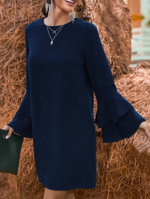 Mini Robe Elégante Superposée Manches Evasées à Col Rond - Bleu de Minuit XL | US 12