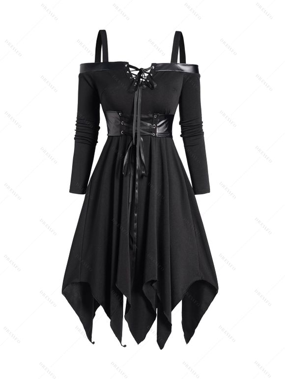 Robe Mi-Longue Gothique Asymétrique Ceinturée à Epaule Dénudée à Manches Longues à Lacets - Noir XXL