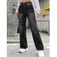 Jean Délavé Lâche Taille Haute à Jambe Large avec Poches en Denim - Noir XL | US 10