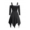 Robe Mi-Longue Gothique Asymétrique Ceinturée à Epaule Dénudée à Manches Longues à Lacets - Noir XXL
