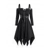 Robe Mi-Longue Gothique Asymétrique Ceinturée à Epaule Dénudée à Manches Longues à Lacets - Noir XXL