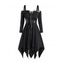 Robe Mi-Longue Gothique Asymétrique Ceinturée à Epaule Dénudée à Manches Longues à Lacets - Noir XXL