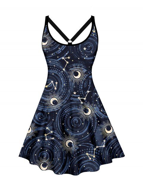 Plus Size Celestial Moon Galaxy Star Print Dress V Neck O-Ring A Line Mini Dress