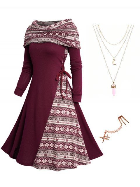 Tribal Graphic Knit Lace Up Cowl Neck Dress And Pendant Layered Necklace Rhinestone Star Earring Cuff Outfit