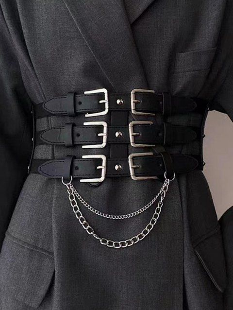 Three Buckle Wide Pu Belt With Chain Decor Black Punk Elastic Corset Belt