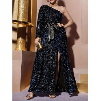 

Plus Size Sexy Bridesmaid Dress Glitter Sequin High Slit One Shoulder Long Sleeve Evening Party Dress, Deep blue