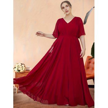 

Plus Size Elegant Bridesmaid Dress Solid Ruffle Sleeve V Neck Maxi Formal Party Dress, Red