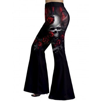 

Plus Size Skull Rose Flame Print High Waist Flare Pants, Black